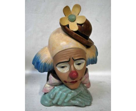 A Lladro pottery bust as a Pensive Clown wearing a bowler hat, his chin resting on crossed hands, B-18JU to underside, 28cm h