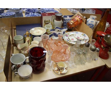 Two Royal Worcester plates (boxed) pink glass dressing table set, two crown Derby pin dishes etc