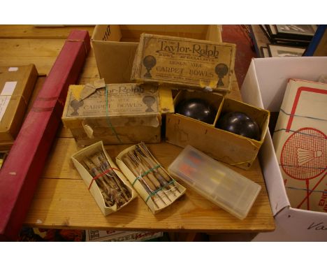 Two boxed sets Taylor-Rolph Lignum Vitae carpet bowls (4) and three vintage sets of darts, a boxed Harling Pantograph 1961 (b