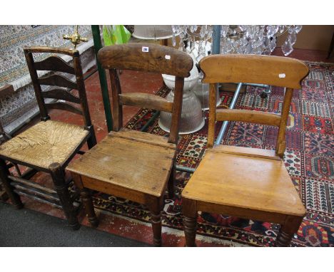 A mixed group of 19th Century dining chairs to include a ladder back chair with rush seat 