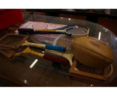 Games: Four vintage and later tennis racquets, three squash racquets, rugby ball, golf shoes, boxed badminton set and boxed g