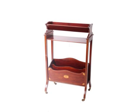 An Edwardian mahogany and inlaid book trough with a two division magazine rack W:56cms