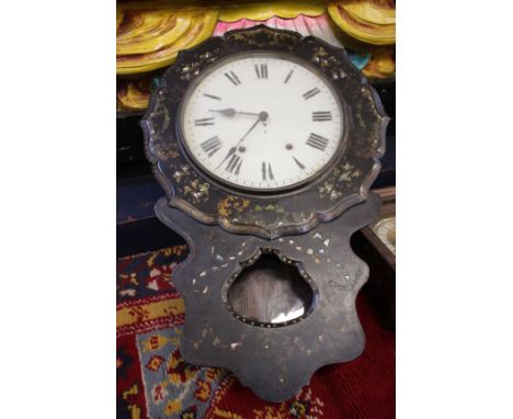 A Victorian drop dial wall clock with enamel dial, two train movement, the case front ebonised with mother of pearl inlay, wi