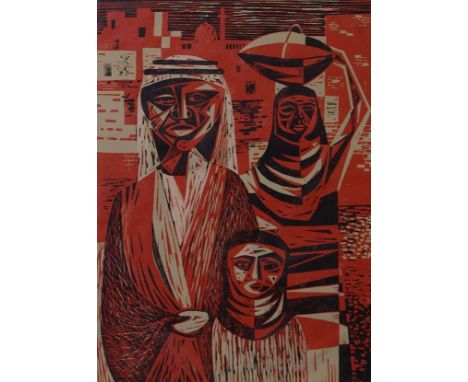 Ian Auld A pair of figural groupsLinocuts Each signed lower right, 45 x 32cm Together with a drawing by Kenneth Wood (3)