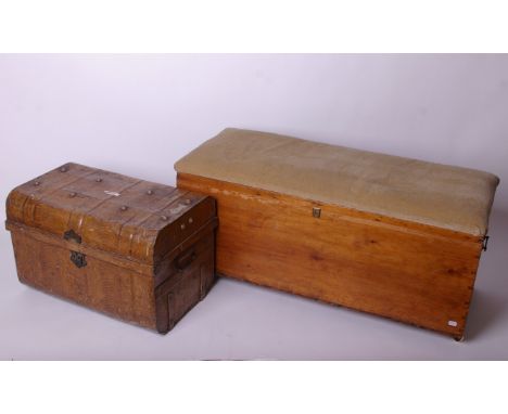 A Victorian stained pine box ottoman and a metal trunk with comb grained lacquer, ottoman width 108cm 