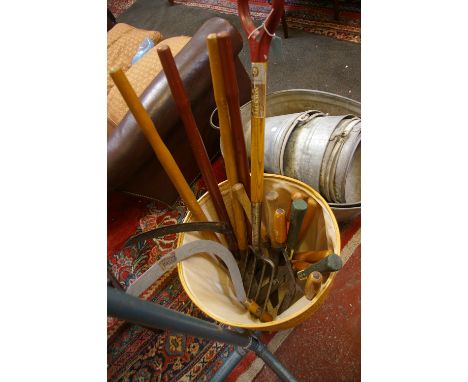 Tools; garden tools including large shovel, hedge trimmers, mostly wooden handles
