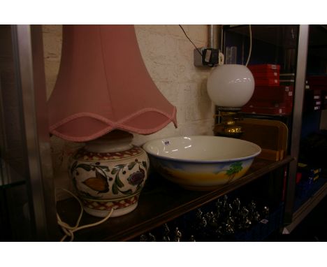 An oil lamp with glass shade, a pottery wash bowl and a table lamp (sold as parts)