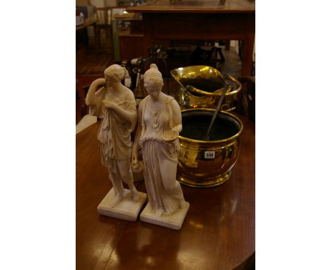 A brass coal scuttle, beam scales, two 'Grecian lady' plaster figures and other items (7)