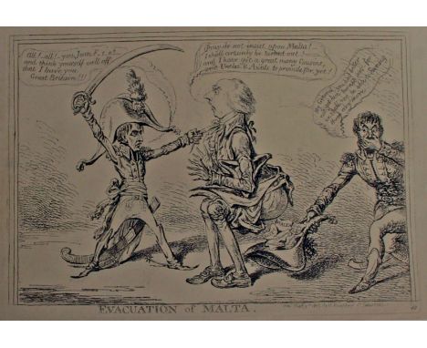 A group of eight caricatures to include Evacuation of Malta, Taking Physick, Evacution before Resignation, and a print of The