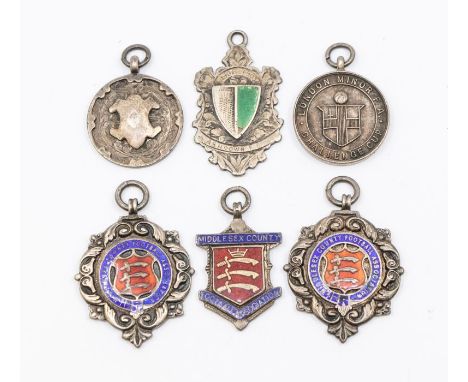 Football: A collection of six hallmarked silver and enameled fob medals to include: Middlesex County Football Association, Lo