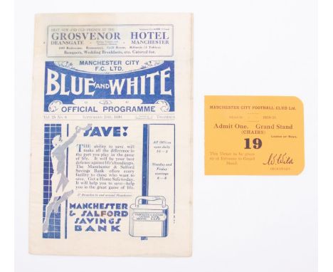 Manchester City: A Manchester City v. Sheffield United, 20th September 1930, match programme. Staples removed, some damage to