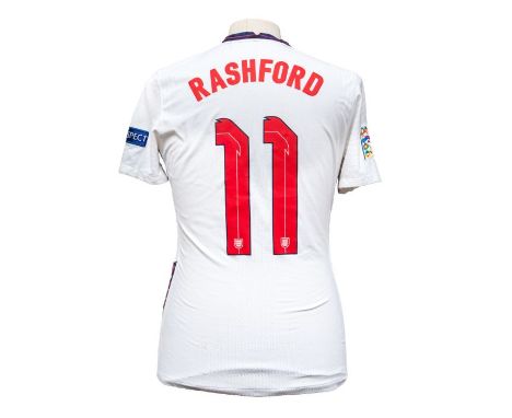 England: An England, match-worn, Marcus Rashford, short-sleeved home football shirt, worn in the game England v Belgium, UEFA