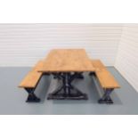 Union Jack Solid Wood Dining Table With Blue Painted Legs and 2 Bench Seats.