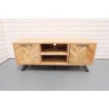 Entertainment Unit on Steel Legs. Central Shelf & Cupboard on Either Side.