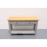Solid Wood Console Table Painted Grey With Wooden Top. 2 x Drawers & Shelf.