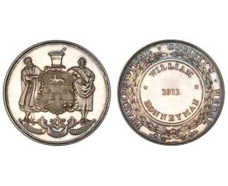 Pharmaceutical Society of Great Britain, a silver award medal, unsigned, arms of the Society flanked by standing figures of A