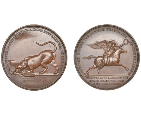 Treaty of Amiens Broken and Hanover Occupied, 1803, a copper medal by R. Jeuffroy, English lion biting scroll, rev. Victory o