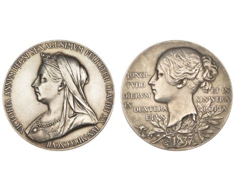 Victoria, Diamond Jubilee, 1897, a large silver medal by G.W. de Saulles, veiled bust left, rev. young head left, 56mm, 84.24