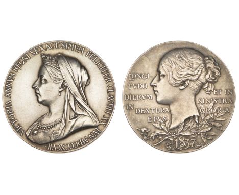 Victoria, Diamond Jubilee, 1897, a large silver medal by G.W. de Saulles, veiled bust left, rev. young head left, 56mm, 84.24