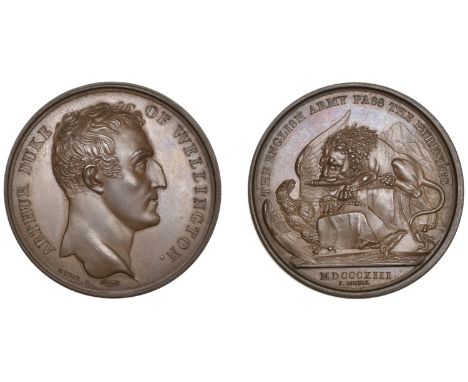 English Army Passes the Pyrenees, 1813, a copper medal by N. Brenet for Mudie, bare head of Wellington right, rev. British li