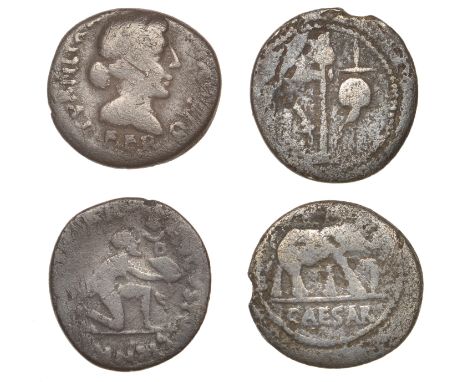 Roman Imperatorial Coinage, Julius Cæsar, Denarius, mobile military mint, 49, elephant walking right, trampling on dragon, re