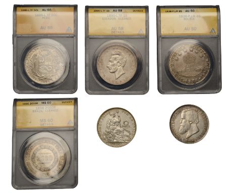 Miscellaneous, BOLIVIA, Republic, 8 Soles, 1838lm, Potosi (KM. 97); BRAZIL, Peter II, 2000 Reis (2), 1856, 1889 (KM. 466, 485