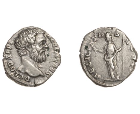 Roman Imperial Coinage, Clodius Albinus (as Cæsar), Denarius, Rome, 194-5, bare head right, rev. felicitas cos ii, Felicitas 