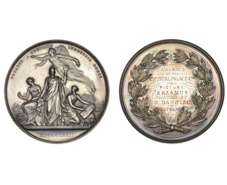 Crystal Palace Picture Gallery, Prize Medal, 1872, a silver award by W.J. Taylor, Britannia standing facing, flanked by Plent