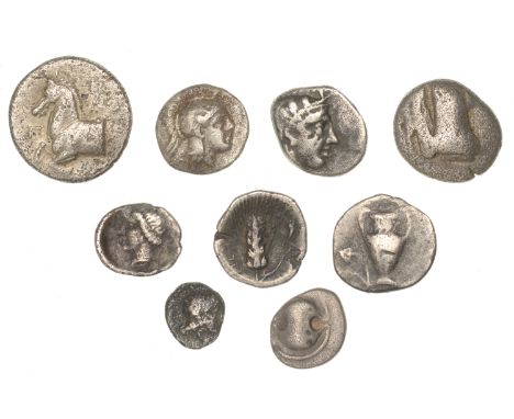 THRACE, Maroneia, Triobol, 400-350, forepart of horse left, rev. grape bunch on vine, rhyton to left, 2.84g/3h (McClean 3965)