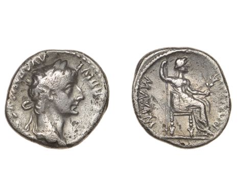 Roman Imperial Coinage, Tiberius, Denarius, Lugdunum, after 16, laureate bust right, rev. Livia seated right on ornate stool,