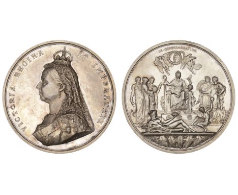 Victoria, Golden Jubilee, 1887, a silver medal by L.C. Wyon after Sir J.E. Boehm and Sir F. Leighton, crowned bust left, rev.