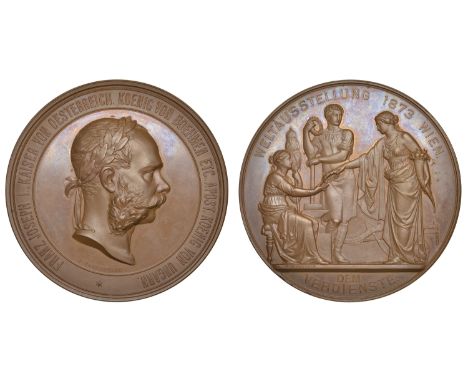 AUSTRIA, International Exhibition, Vienna, 1873, a copper prize medal by J. Tautenhayn & K. Schwenzer, laureate head of Franz