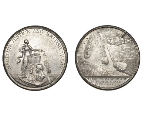 Battle of Copenhagen, 1801, a white metal medal, unsigned, Justice standing behind column, portrait medallions of Admirals Pa