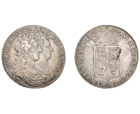 William and Mary (1688-1694), Halfcrown, 1689, first shield, caul only frosted, pearls, edge primo, first v of gvlielmvs over