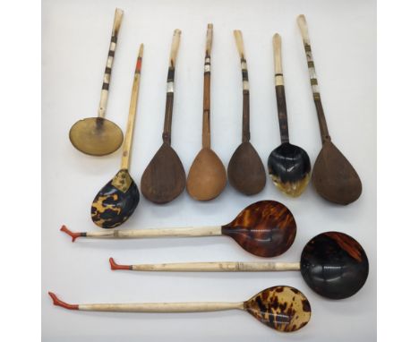 A rare collection of ten 19th century Ottoman Turkish sherbet spoons, horn, bone, wood, tortoiseshell, mother of pearl and co