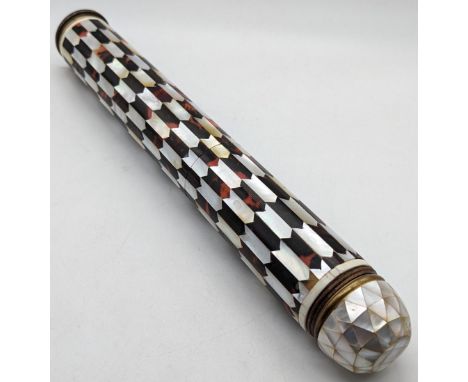 An Ottoman style pen box inlaid with mother of pearl and tortoiseshell, Turkish, L.33cm