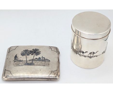 An early 20th century Iraqi niello silver cigarette case depicting landscape scenes on both sides and signature to verso corn