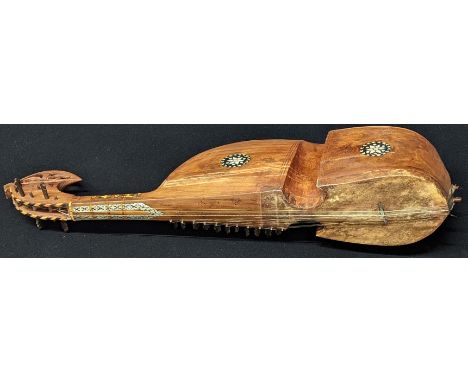 An early 20th century Afghan Rubab musical instrument, short necked lute made of wood with goatskin, bone and mother of pearl