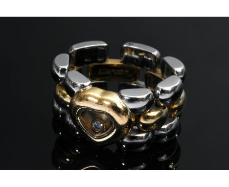 Beweglicher Gelbgold 750 und Edelstahl Chopard Ring "Happy Diamonds" mit Brillant (ca. 0.05ct/VVSI/TW),  11,3g, Gr. 48, Glas 