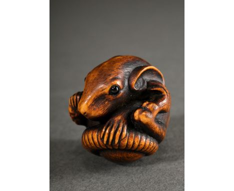 Buchsbaum Netsuke "Kugelige Ratte" mit in Horn eingelegten Augen, natürliches Himotoshi durch die rechte Pfote, fein geschnit