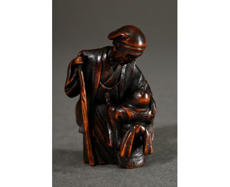 Buchsbaum Netsuke "Bauer mit Spatz", geschnitzt in feiner Qualität, Himotoshi im Gewand elegant eingearbeitet, sign.: Masayuk