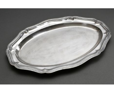 Große ovale Platte mit Chippendale Rand und Monogramm "F", MZ: Ernst Mehner/Stuttgart, Silber 800, 2120g, 59,3x39,5cm