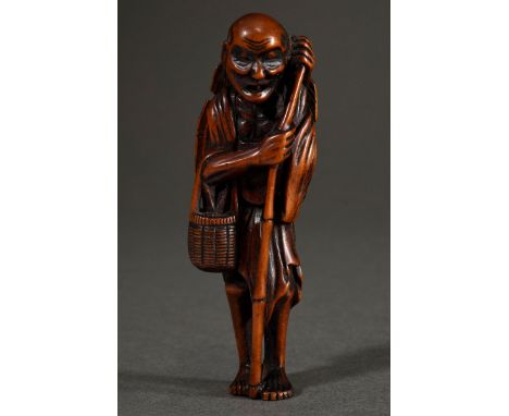 Buchsbaum Netsuke "Stehender Ono no Komachi", seltene Darstellung der alten Frau mit Korb, Stock und Strohhut im Stehen (sons