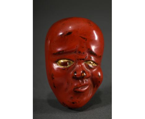 Negoro Lack Masken Netsuke "Usobuki" (Pfeiffer, aus dem Kyogen), innen schwarz-gold lackiert mit Steg Himotoshi, H. 5,2cm, Tr