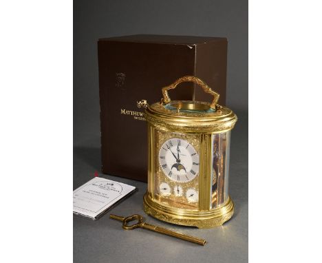 Seltene Matthew Norman Carriage Clock in ovaler Form, floral punziertes Messing Gehäuse mit gerundeten Mineralgläsern, Emaill