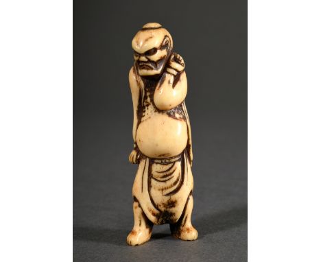 Hirschhorn Netsuke "Grimmig schauender Tempelwächter Nio", glänzende Patina, H. 7,6cm, Provenienz: Norddeutsche Sammlung