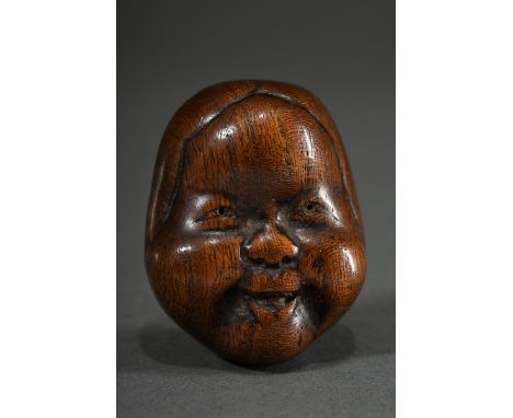 Masken Netsuke "Okame", Holz, schöne Alterspatina, 19.Jh., 5x4cm, Gebrauchsspuren