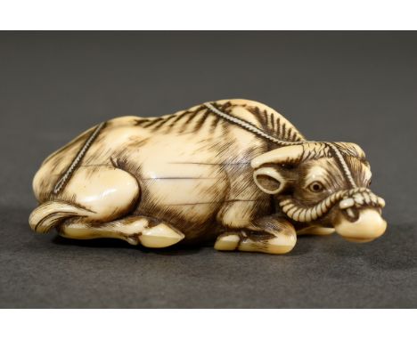Elfenbein Netsuke "Liegender Ochse" mit fein graviertem Fell, schöne Gebrauchspatina, sign. Tomotada, um 1770/80, L. 6cm, Pro