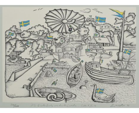 Leissler, Arnold (1939-2014) "Midsommar I Arild" 1990-1992, Offsetdruck (nach einer Federzeichnung), mit Transparentpapier mi