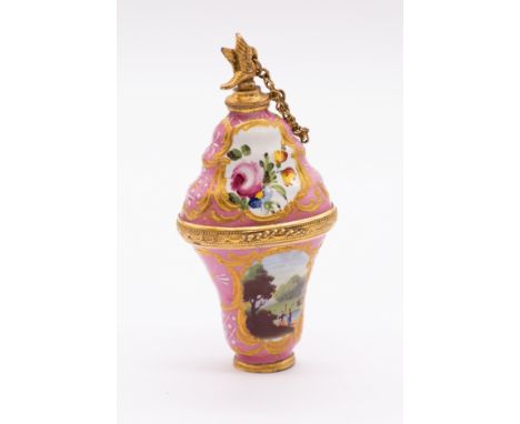 An 18th Century South Staffordshire enamel gilt metal mounted combination scent bottle and bonbonniere, circa 1770, the pink 